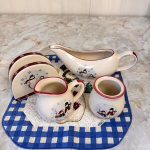Royal Seasons Snowman Stoneware Set Cream Red Holiday Winter Table Decor 5pc